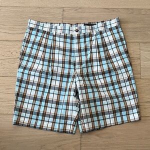 Greg Norman Collection Plaid Shorts - Light Blue, Brown, White